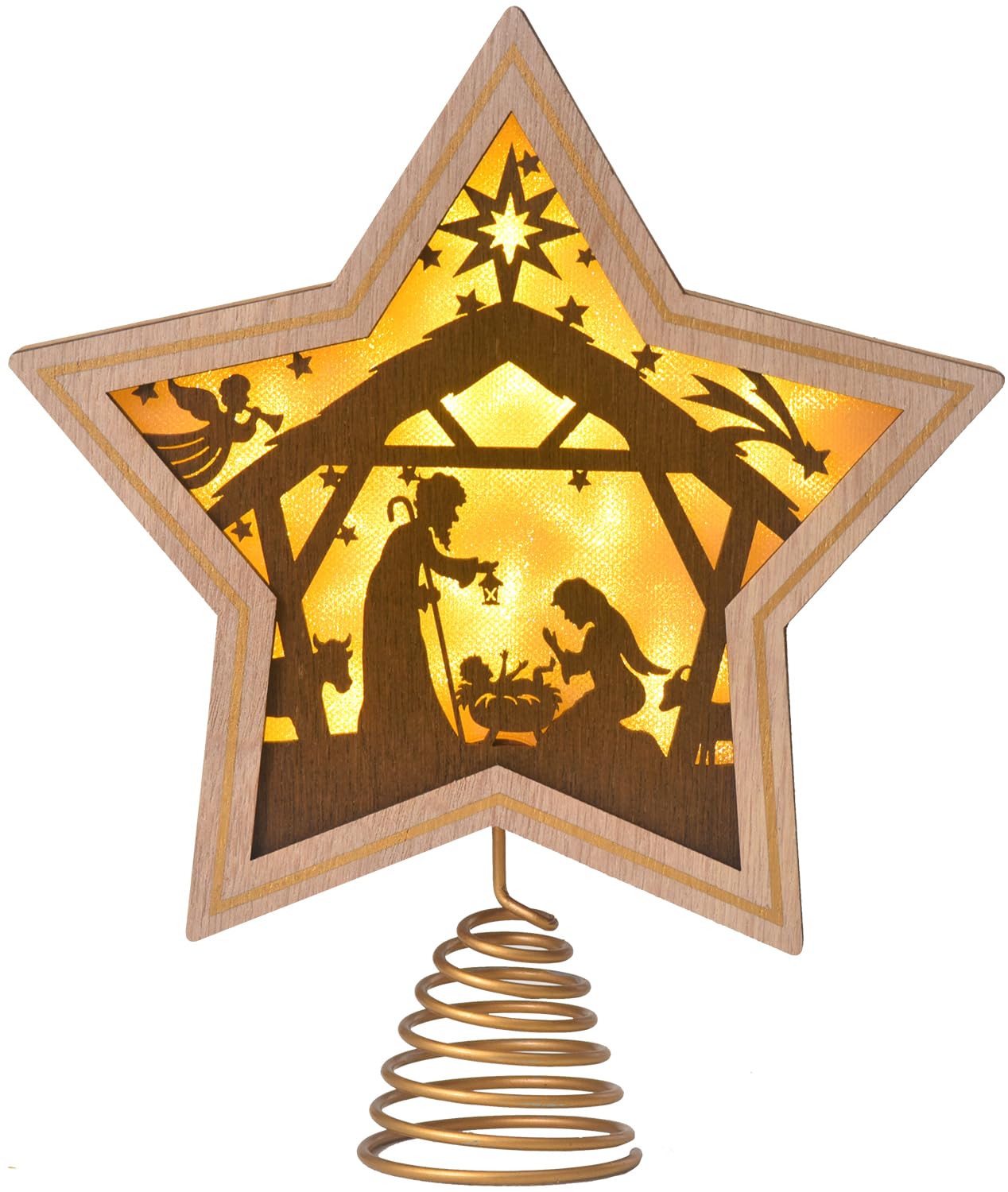 Christmas Tree Topper, Nativity Christmas Treetop Ornaments, Battery Powered LED Light Up Christmas Tree Decorations for Indoor Office Xmas New Year Holiday Tree Decoration 7.87" x 9.25" (Brown)