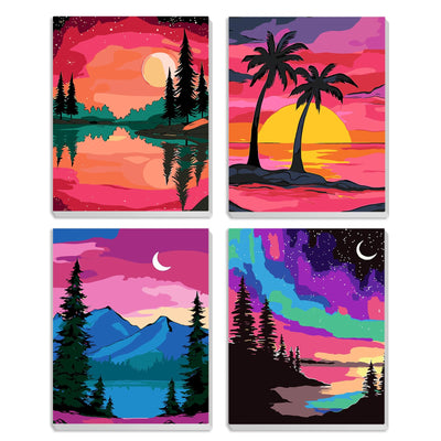MXJSUA 4 Pack Moonlight Mountain Lake Framed Paint by Numbers Kit with Canvas for Adults Beginner, DIY Acrylic Oil Painting Kits with Brushes for Home Wall Decor Gift (8x10 inch)