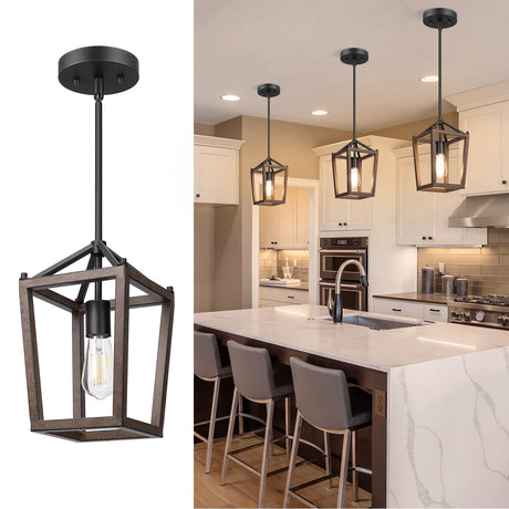 EDISHINE Pendant Lights for Kitchen Island, 1-Light Farmhouse Cage Hanging Light Fixtures, Rustic Wood with Brown Finish, Adjustable Height Pendant Light for Dining Room, Allway and Foyer EDISHINE