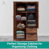 Naomi Home Storage Cabinet with 2 Barn Doors, 2 Drawers & Adjustable Shelves – Tall Wardrobe Closet Armoire for Bedroom, Living Room, or Utility Space – Brown Oak Finish Naomi Home