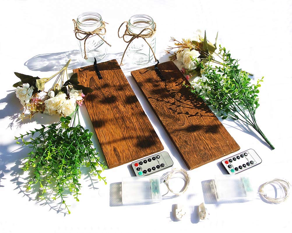 Rustic Home Decor Mason Jar Wall Sconces, Timer Led Fairy Lights and Flowers, Handmade Wood Art Goods Decor, Farmhouse Wall Decorations for Bathroom and Living Room - Set of 2 OCTMUSTARD