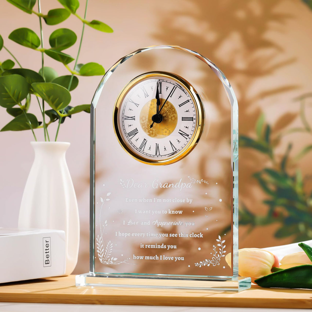 YWHL Glass Colck Gifts for Grandpa, Best Father's Day Grandpa Gifts, Great Grandfather Birthday Gifts, Glass Clock Keepsake for Grandpa on Christmas (Battery not Included) YWHL