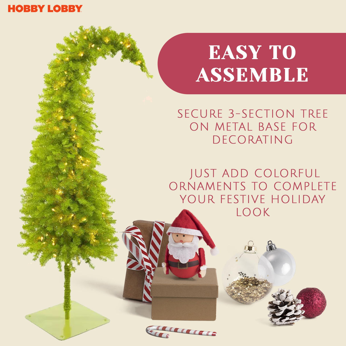 5 Ft Prelit Christmas Tree with Stand – Artificial Lighted Christmas Tree for Indoor Use – Whimsical Plastic Trees w/Metal Base & LED Lights - Holiday Decor for Living Room, Tabletop Hobby Lobby