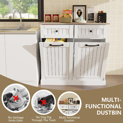 HTK Double Tilt Out Trash Cabinet with Storage Drawers - Durable MDF Wood, Spacious Kitchen Garbage Bin Organizer, Farmhouse Style, Fits Dual 10-Gallon Cans (White) - WoodArtSupply