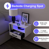 Homaterial Floating Nightstand with Charging Station and LED Lights, Floating Bedside Table with Drawers Wall Mounted Nightstands,for Bedroom Room, 21.3" x 11.8" x 10",White Homaterial