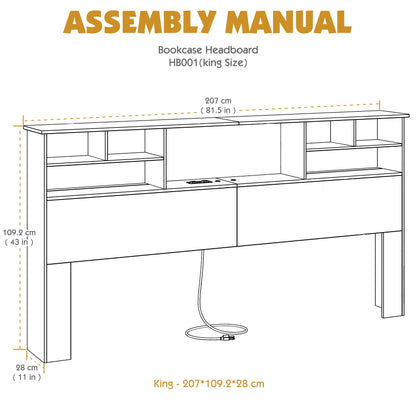 AYEASY King Size Headboard for Bedroom, Stylish Bookcase Headboard with Built-in Charging Station & 2 LED Lights, Engineered Wood Headboard, Noise-Free HeadBoard King Size with Storage, White - WoodArtSupply