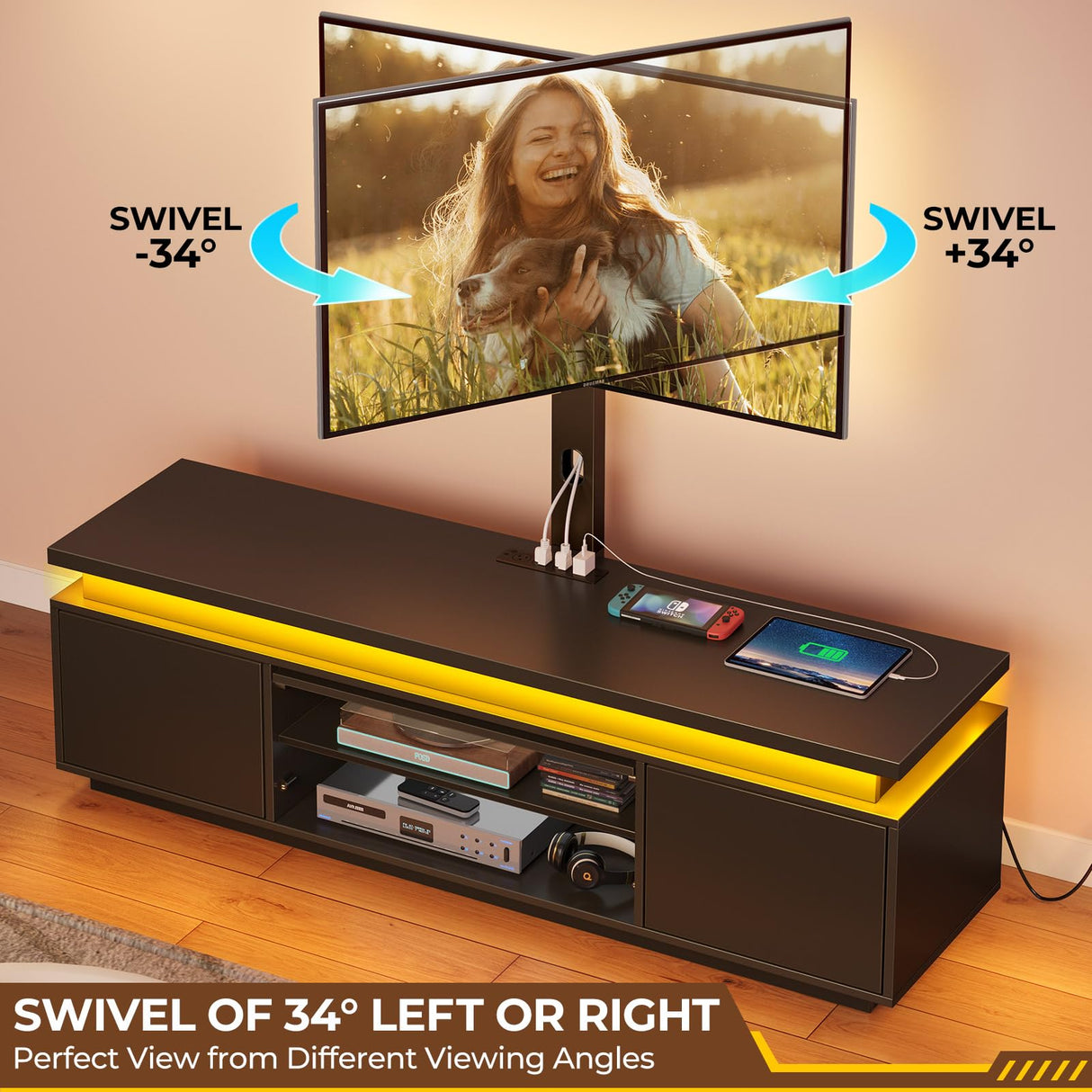 Rolanstar TV Stand with Mount & Power Outlet, 51" TV Stand Mount for 32/45/55/60/65 Inches TVs, Modern Entertainment Center with Storage Cabinet & LED Light, TV Table for Living Room, Bedroom, Black Rolanstar