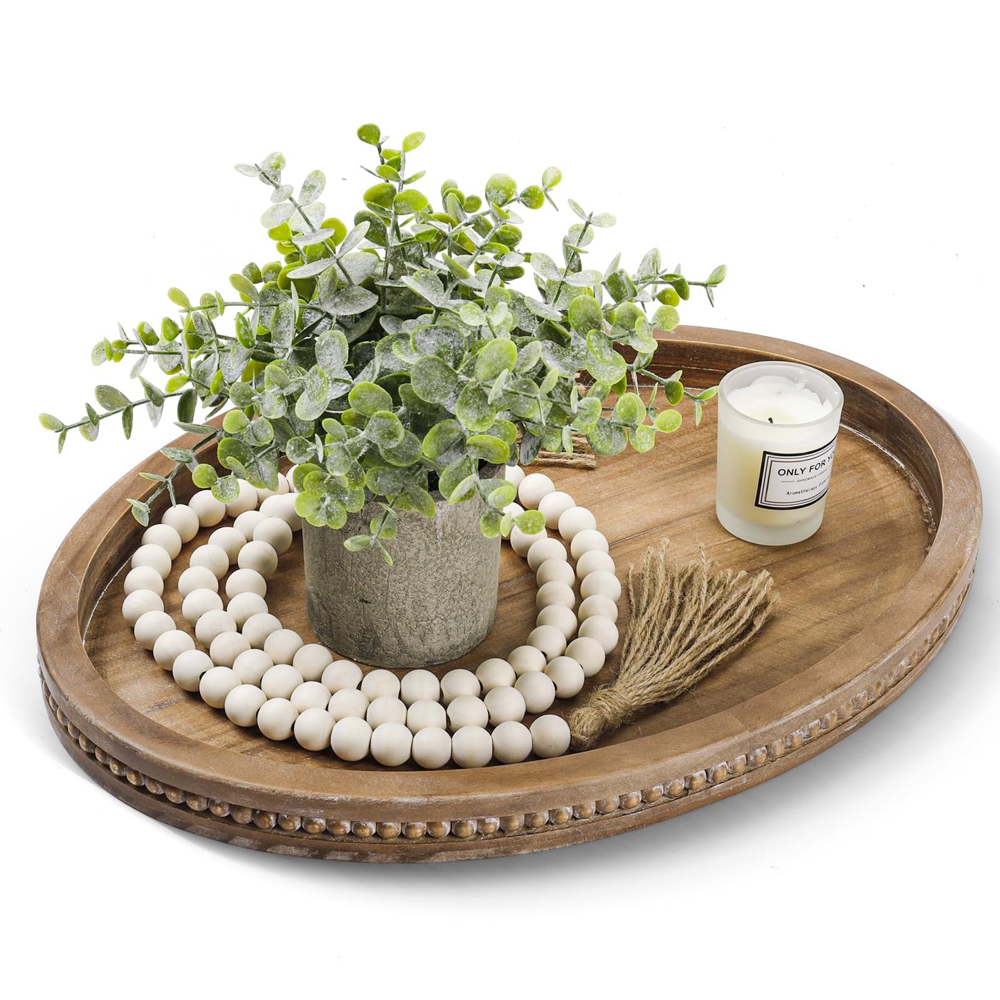 Oval Tray for Coffee Table - 16×11.8in Decorative Trays for Home Decor/w 58in Wood Bead Garland, Coffee Table Trays for Living Room and Kitchen