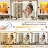 jiteentarou 60" Large Farmhouse Vanity Desk with LED Mirror, Lights and Charging Station, Glass Top Makeup Vanity Table w/8 Drawers, LED Glass Storage Cabinet, Dressing Table for Bedroom, Rustic White jiteentarou