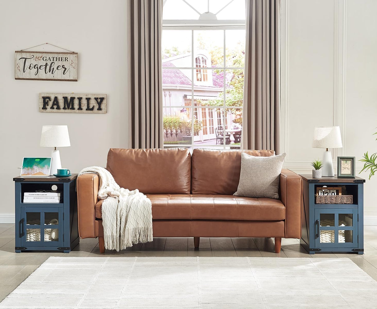 Barnyatoh Farmhouse Nightstand with Charging Station, Rustic End Table with Tempered Glass Barn Door, Wood Sofa Side Bedside Table with Open Storage Shelf for Living Room, Bedroom, Blue Barnyatoh