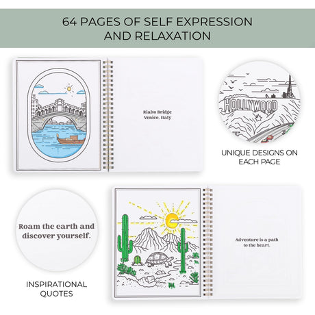 Beautiful Adult Coloring Book Set of 2 for Relaxation - Inspirational Adventures and Landmarks Scenery For the Spirit of Wanderlust - Perfect Stress-Relieving Gift for Women ZICOTO