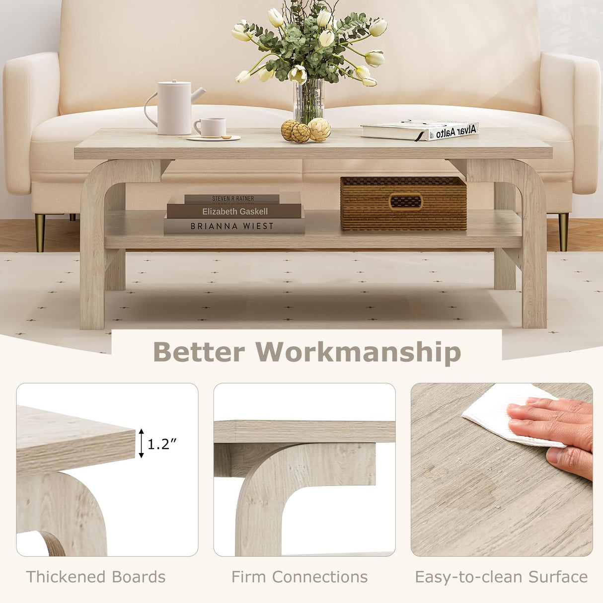 Giantex 2-Tier Coffee Table with Storage, 47” Mid Century Rectangle Accent Table with Open Shelf, Large Tabletop & Curved Legs, Rustic Style Wood Cocktail Table, Center Table for Living Room, Natural Giantex