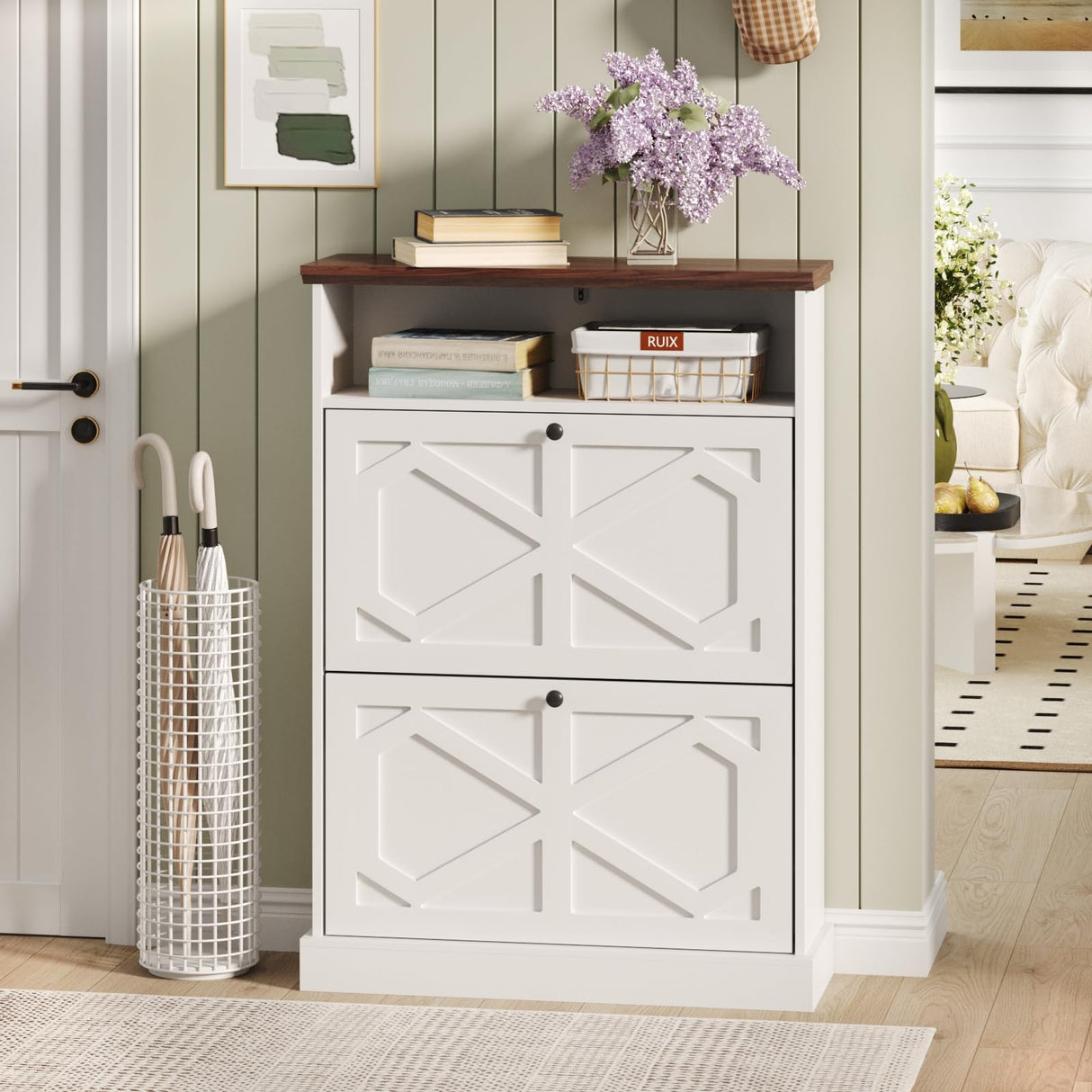 Maupvit Shoe Cabinet with 2 Flip Drawers, Shoe Storage Cabinet for Entryway, Freestanding Shoe Organizer with Open Storage, Farmhouse Narrow Shoe Rack with Wooden Legs for Foyer, Hallway,Antique White Maupvit