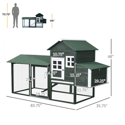 PawHut 84" Wooden Chicken Coop, Hen House Outdoor with Run Nesting Box, Asphalt Roof, Removable Tray, Ramp, Poultry Cage for 2-3 Chickens, Green - WoodArtSupply