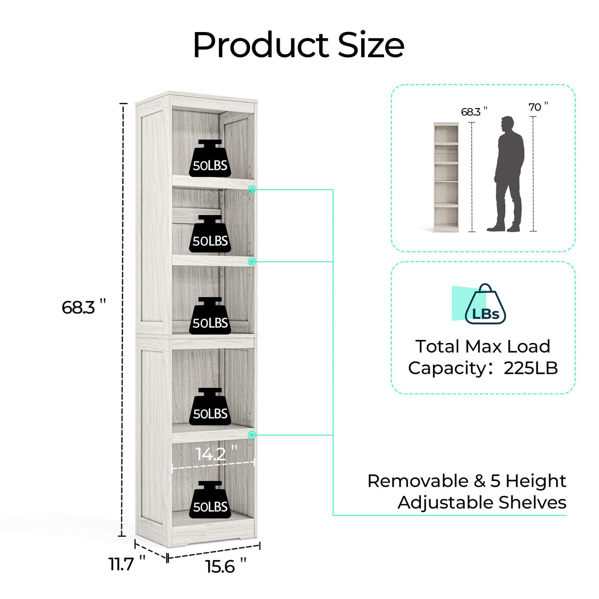 LINSY HOME 5-Shelf Bookcase, Narrow Bookshelves Floor Standing Display Storage Shelves 68 in Tall Bookcase Home Decor Furniture for Home Office, Living Room, Bed Room - White Oak LINSY HOME
