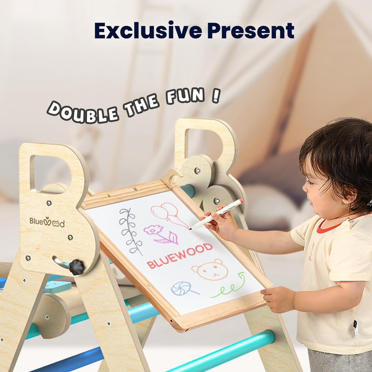 BlueWood Pikler Triangle Set, Foldable Wooden Climbing Toys Set, Indoor Playground Jungle Gym, Montessori Climbing Set for 2-6 Years Old, Toddlers, Baby, Kids (Sky Blue) BlueWood