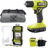 Cordless Drill Set Bundle with Ryobi 18V ONE+ Drill Driver, 3/8 Inch Chuck, 40 Piece Drill Bit Set, 1.5 Ah 18-Volt Lithium-ion Battery, 18-Volt Charger and Buho 16 Inch Tool Bag Buho