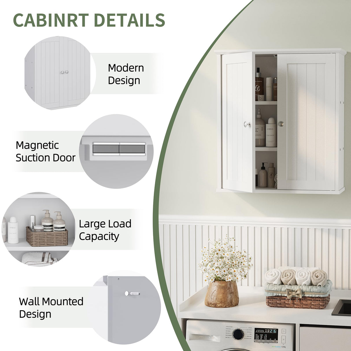 Meilocar Bathroom Wall Cabinet, Bathroom Cabinet Wall Mount, Over The Toilet Space Saver Storage Cabinets, White Medicine Cabinets with 2 Doors Meilocar