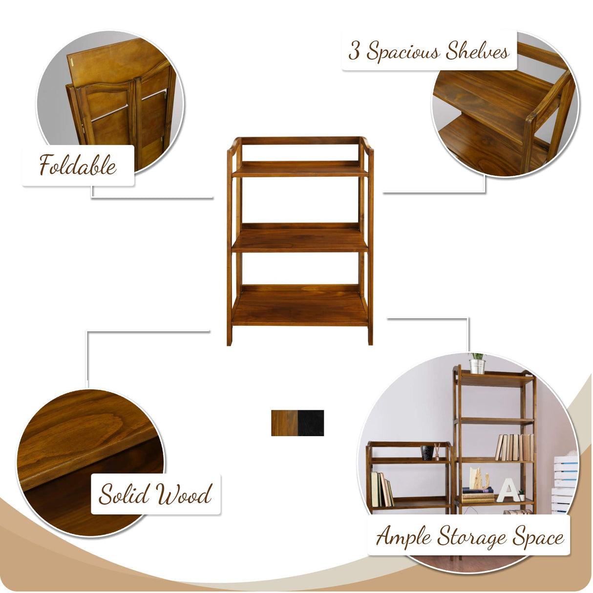 Casual Home Stratford 3-Shelf Folding Bookcase-Warm Brown Casual Home
