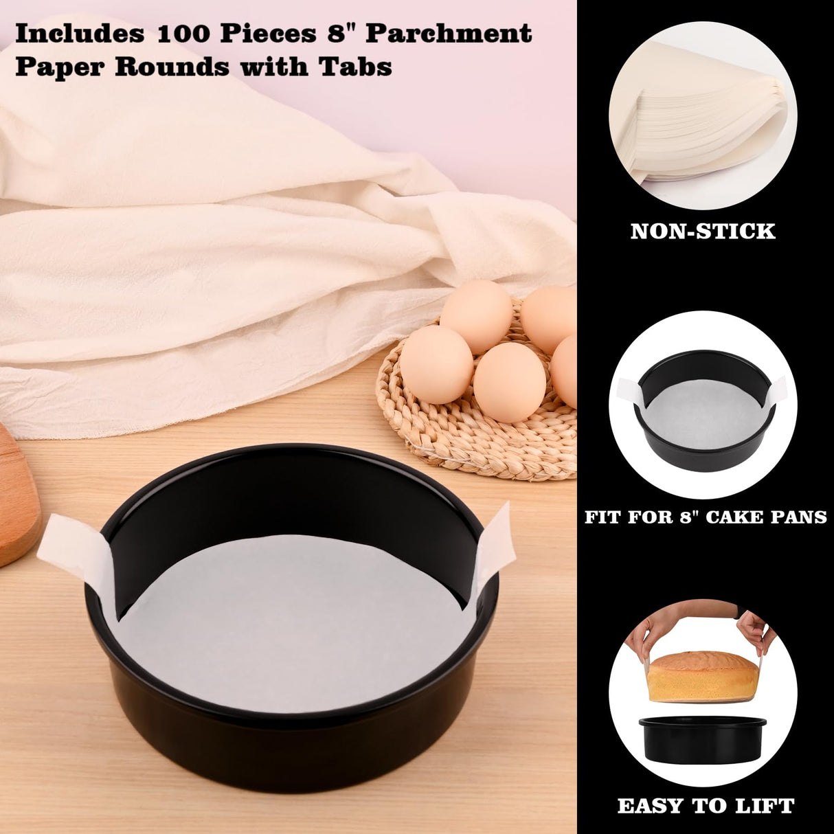 HUAKENER 8 Inch Cake Pan - Set of 3 Round Cake Pans with 100 Pieces Parchment Paper, Non-stick Cake Baking Pans, Dishwasher Safe HUAKENER