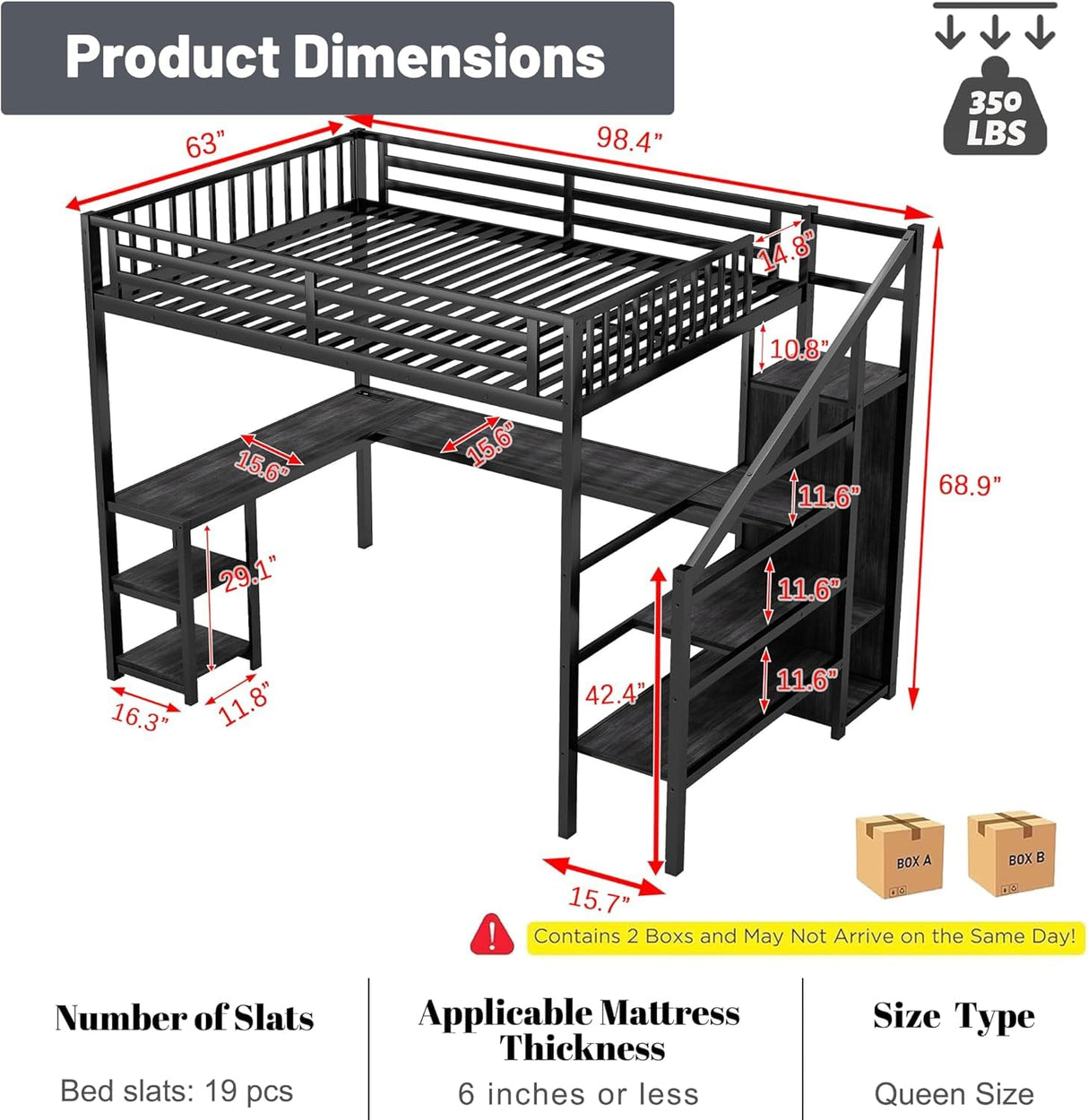 Duxelifin Queen Size Loft Bedwith Desk, Heavy-Duty Metal Loft Beds with Stairs & LED Lights, High Lofted Bed with Charging Station and Wardrobe, Gaming Loft Tall Bed for Boys Girls and Teens (Black) Duxelifin