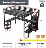 Duxelifin Queen Size Loft Bedwith Desk, Heavy-Duty Metal Loft Beds with Stairs & LED Lights, High Lofted Bed with Charging Station and Wardrobe, Gaming Loft Tall Bed for Boys Girls and Teens (Black) Duxelifin