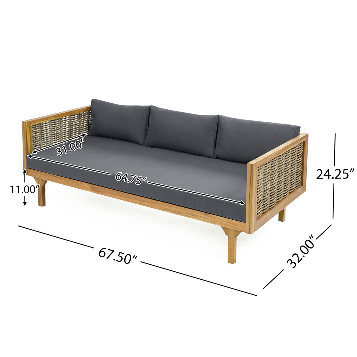 Merax 67.5" Outdoor Patio Daybed 3 Seater Sofa Bed,Acacia Wood Frame with Rattan Arm,Cushion & Pillow for Garden Merax