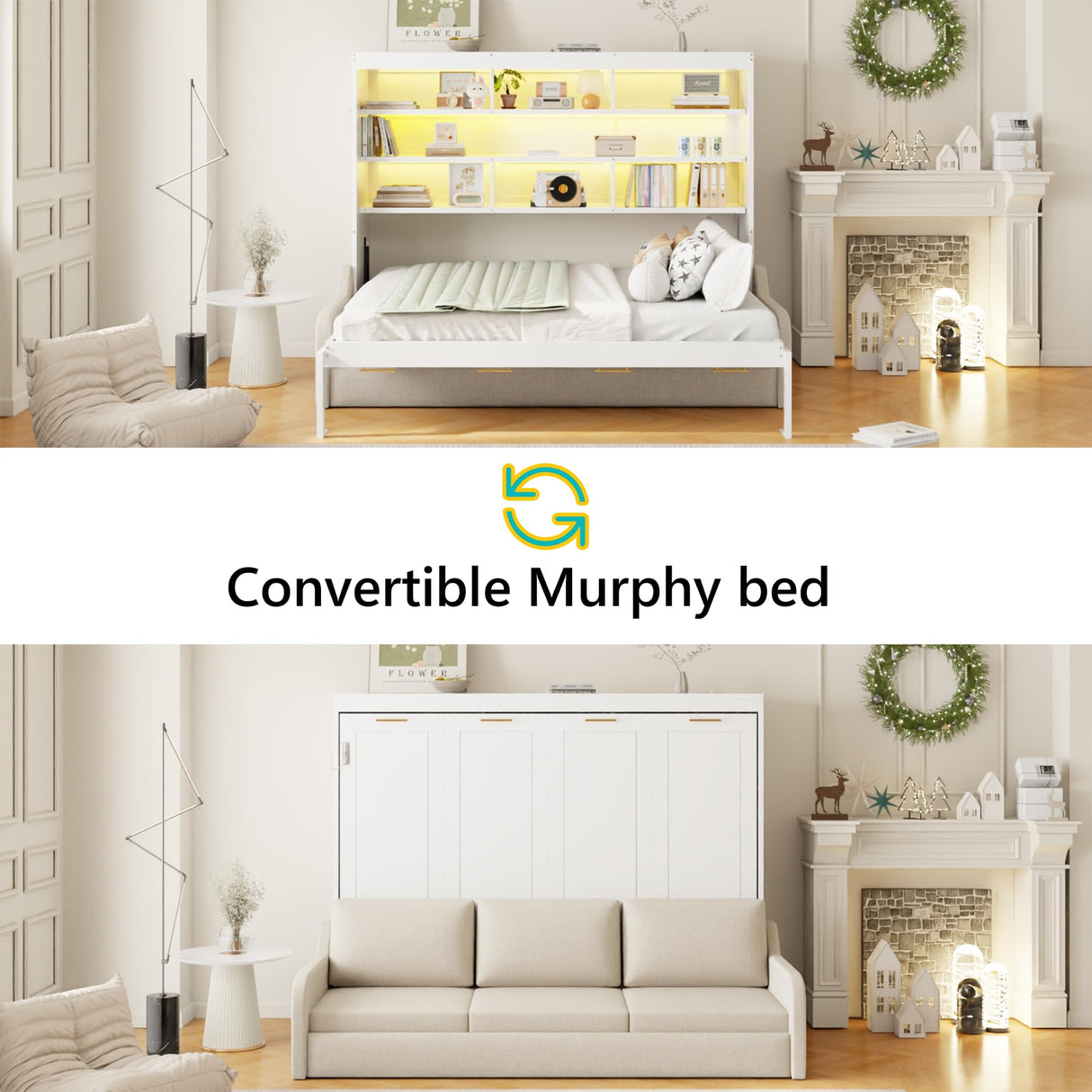 Polibi Full Murphy Cabinet Bed with Folding Sofa & Storage Shelves,LED Light,Solid Wood + MDF,No Box Spring Needed,Space Saving,87.7" L x 60" W,White+Beige Polibi