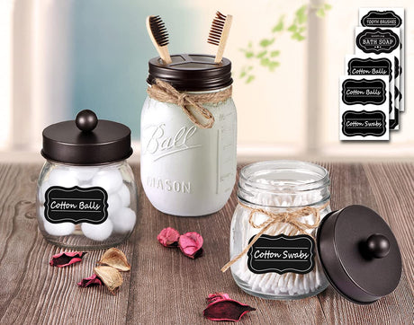 Komashr Mason Jar Bathroom Accessories Set(4pcs)- Jars Not Included - Foaming Soap Dispenser,Toothbrush Holder, and Apothecary Storage Jars Lids -Rustic Farmhouse Decor,Brown Komashr