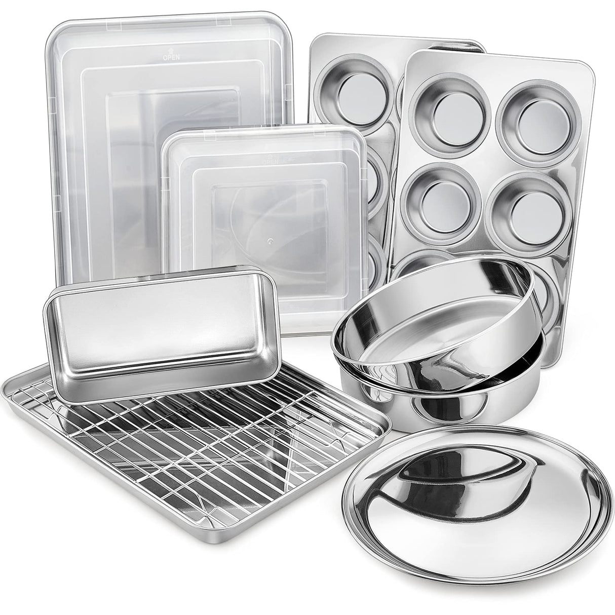 12-Piece Stainless Steel Baking Pans Set, P&P CHEF Kitchen Bakeware Set, Include Baking Sheet with Rack, Round/Square Cake Pan, Lasagna Pan, Loaf Pan, Muffin Pan, Pizza Tray & 2 Covers, Durable P&P CHEF
