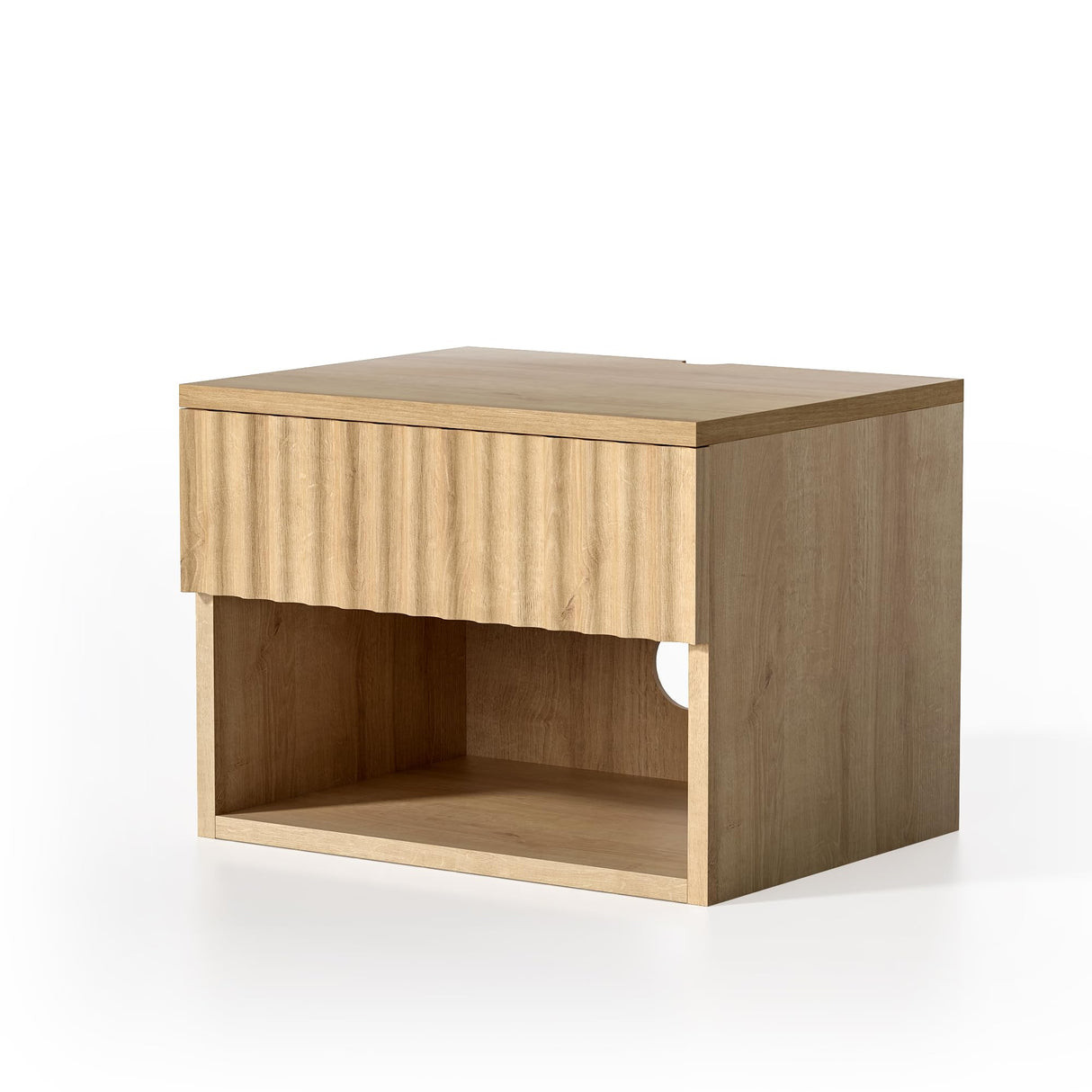 EYYTHUNG Small Floating Nightstand Set of 2, Modern Fluted Night Stand with Drawer and Open Storage Shelf Wall Mounted Bedside Tables Natural Oak EYYTHUNG