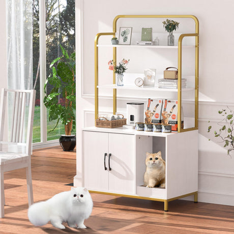 Easycom Cat Litter Box Enclosure Furniture with Shelves, Indoor Litter Box Furniture, Hidden Litter Box with Storage, Wooden Cat House with Cat Scratching Pad, Fit Most Cat Litter Box EasyCom