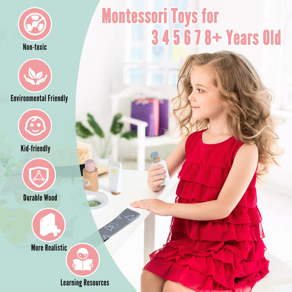 WHOHOLL Wooden Makeup Toy Set, Pretend Beauty Salon Toys Skin Care Learning Toys for Toddler, Daycare Toys Christmas Birthday Gift for 2 3 4 5+ Year Old Girls - Facial Cleanser, Mirror, Face Mask WHOHOLL