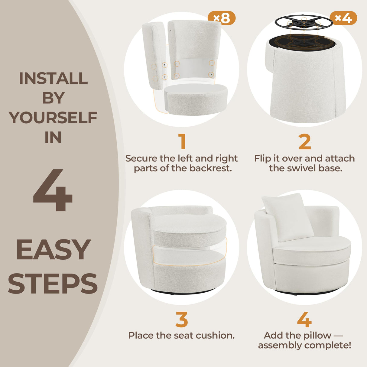 Yaheetech Swivel Barrel Accent Chair, 360 Degree Swivel Round Chairs with Removable Throw Pillow, Soft Boucle Single Arm Sofa for Living Room Bedroom Reading, White Yaheetech