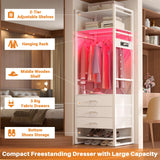 Cyclysio 75 '' Tall Garment Rack with 3 Fabric Drawers, 4-Tier Clothing Rack with Power Outlets & LED Lights, Closet System with Shoe Rack & Shelves for Small Spaces, White Cyclysio