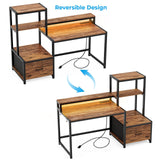 GreenForest Computer Desk with Drawers and Monitor Stand, Home Office Desk with Storage Shelves, Small Gaming Desk with Power Outlets and LED Lights for Study Writing Working, 51 inch Walnut GreenForest