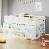 Bonnlo Low Loft Bed with Storage, Wooden Bed Frame with LED Lights, Safety Guardrails & Curtains for Kids, Solid Wood Twin Loft Bed with Ladder and Playhouse, White Bonnlo