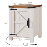 OKD Nightstand with Charging Station, 18 Inch Farmhouse End Table with Barn Door and Adjustable Storage Shelf, Rustic Wood Sofa Side Table w/Magnetic Door for Living Room, Bedroom, Antique White OKD