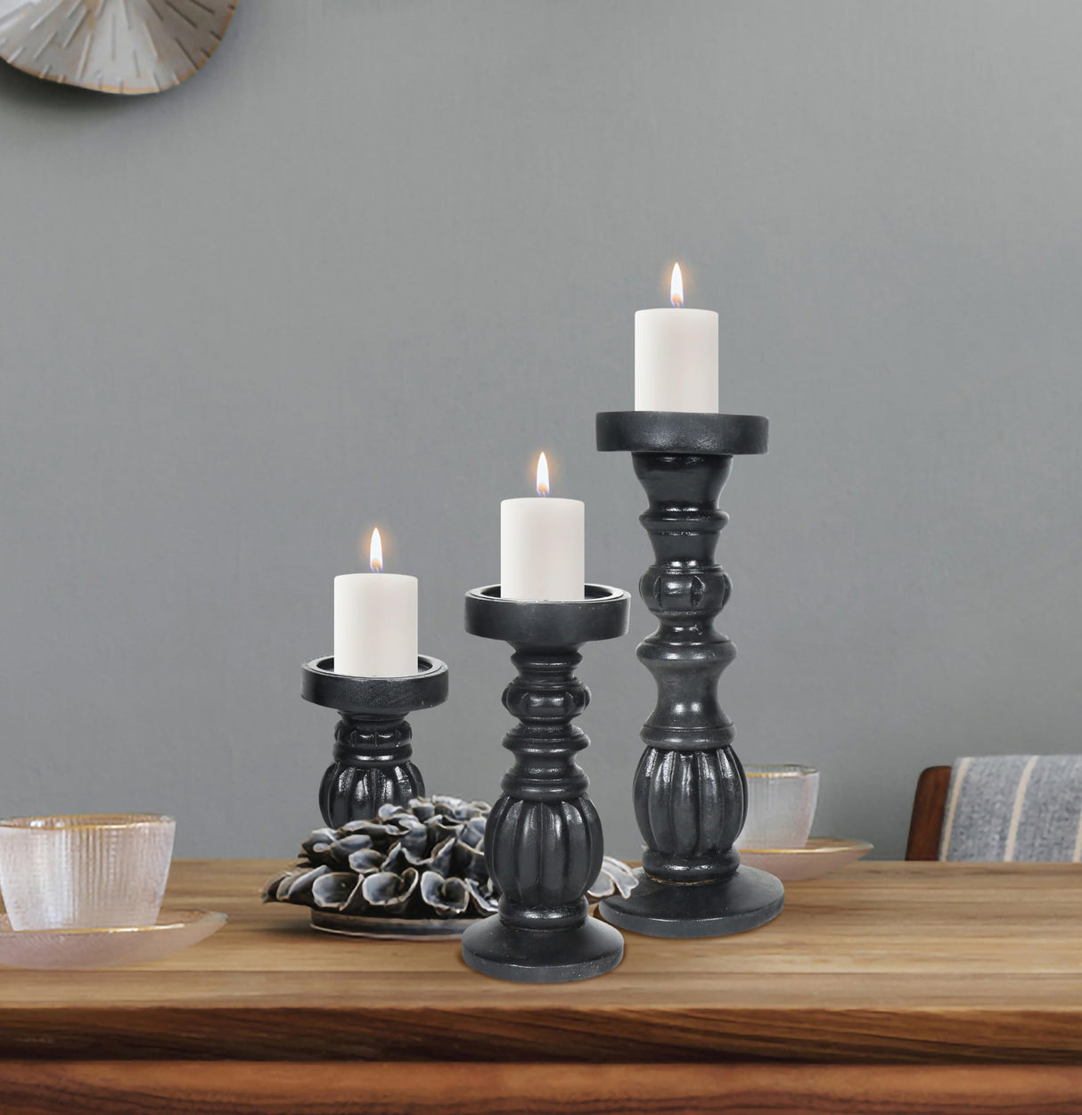 Farmhouse Wooden Candle Holders for Pillar Candles Set of 3, Rustic Wood Candle Holder Table Centerpiece Decor, 12'' 9'' 6'' Ball Design Tall Candle Stand Decorative, Black The Wooden Town