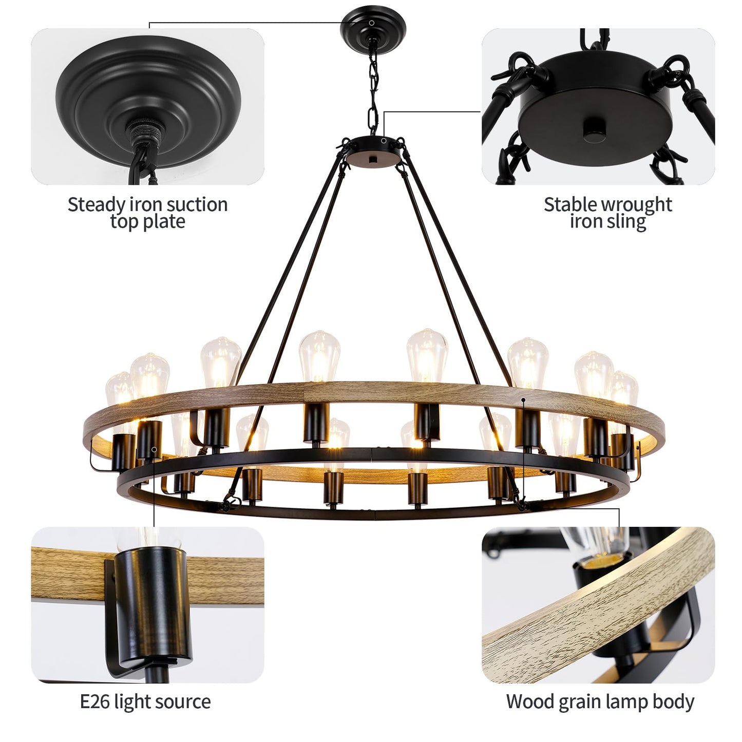 Luxdsgn Wagon Wheel Chandelier 39-Inch 16-Light, Oak Wood and Black Finish Round Rustic Farmhouse Chandelier Extra Large for High Ceilings, Living Room Foyer