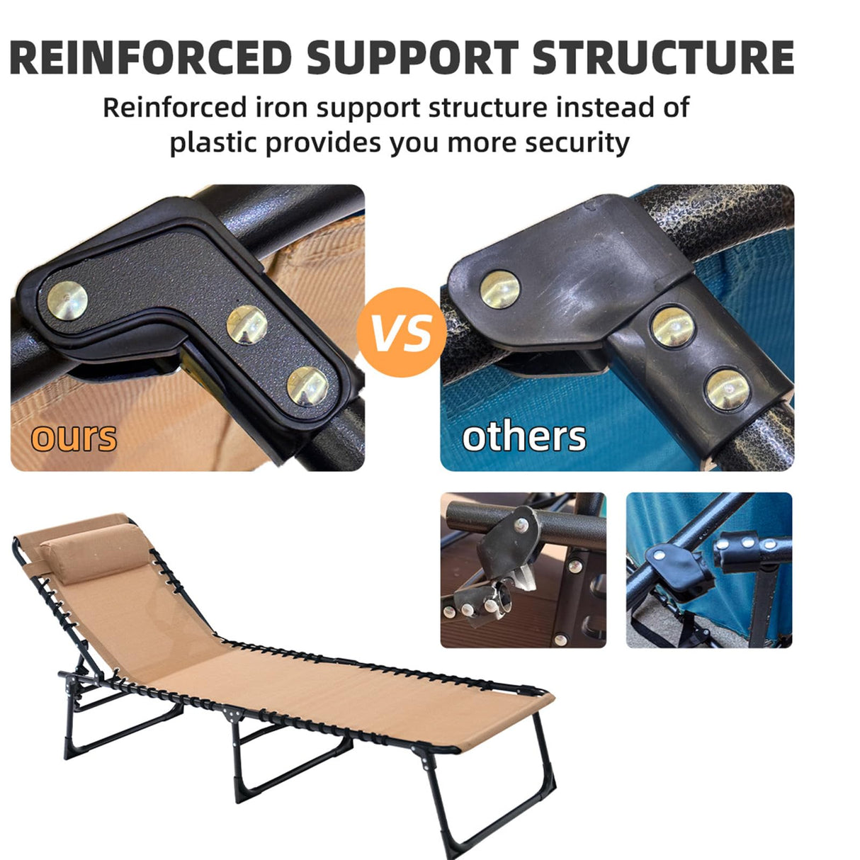 Foristrail Folding Chaise Lounge Chair Bed - Heavy-Duty 400lb Capacity Portable Adjustable Recliner w/Pillow for Patio, Pool, Camping, Sunbathing - Lay Flat Design (Beige) Foristrail