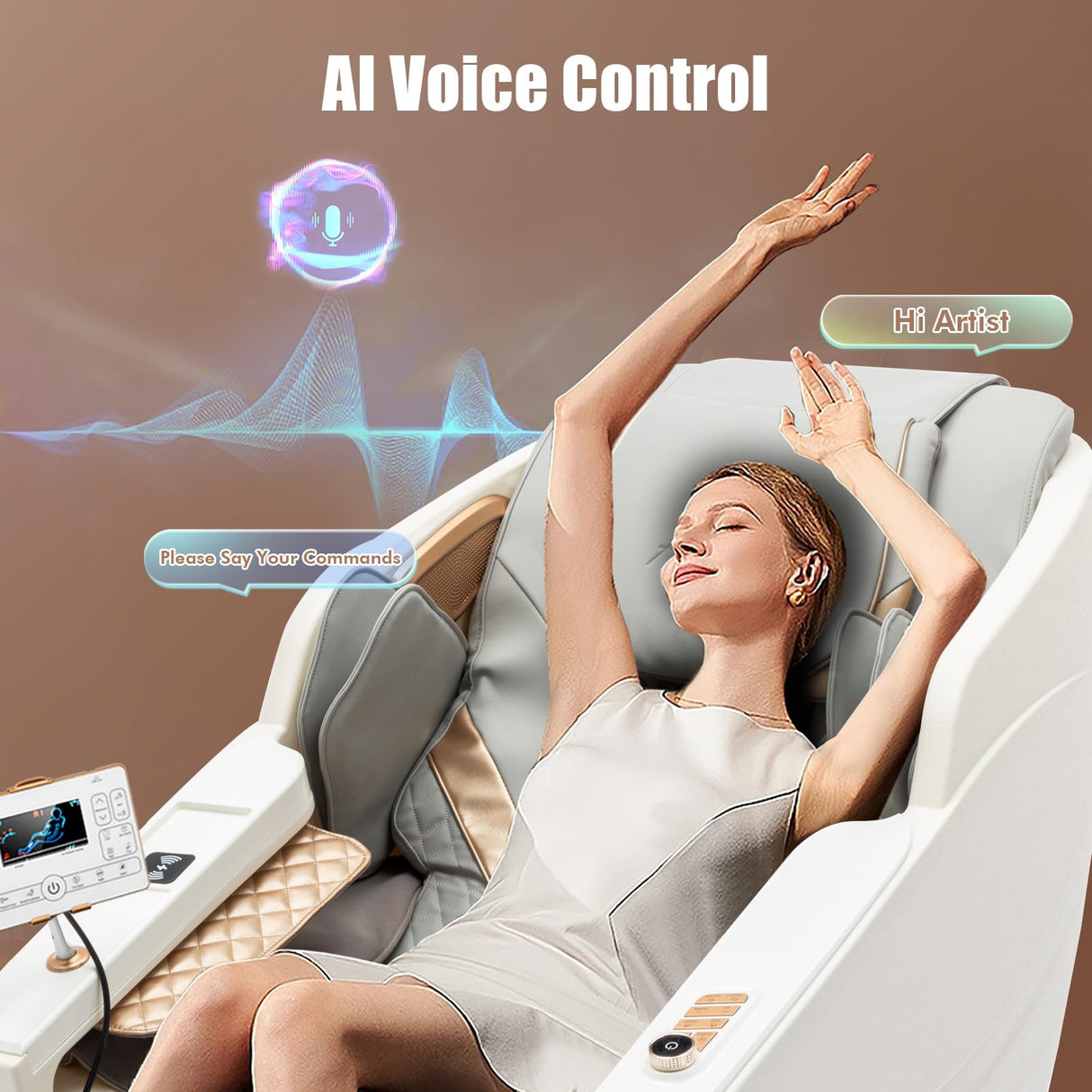 Massage Chair Full Body, SL Track Zero Gravity Massage Chair Recliner with Heating, Bluetooth Speaker, Body Scan, Foot Roller & Airbags Massage, AI Voice Control, Wireless Charging, White Artist hand
