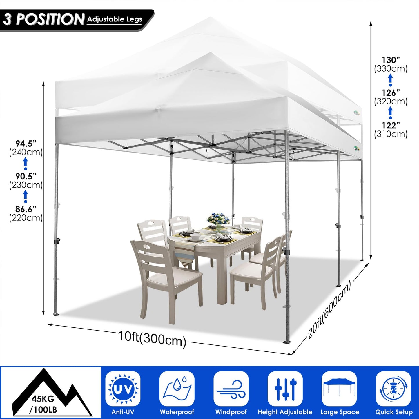 COBIZI 10x20 Heavy Duty Pop up Canopy Tent with 6 sidewalls Easy Up Commercial Outdoor Wedding Party Tents for Parties All Season Wind & Waterproof Gazebo Roller Bag,White(Frame Thickened)