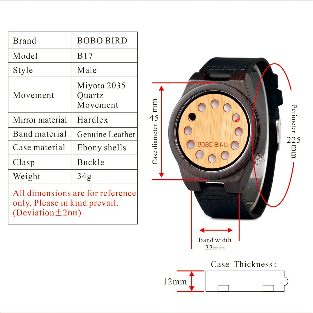 BOBO BIRD Men's Bamboo Wooden Watch with Black Cowhide Leather Strap 12 Holes Timer Design Sports Casual Watches BOBO BIRD