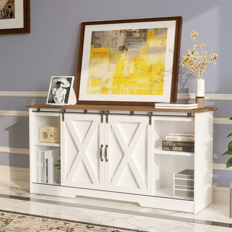 4 EVER WINNER White TV Stand for 65 inch TV for Living Room, Modern Farmhouse Barn Door TV Stand with Storage Cabinets and Adjustable Shelves for Bedroom, Media Entertainment Center TV Console Table 4 EVER WINNER
