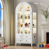Vlsrka 71 Inch Arched Curio Cabinet, 4-Tier Display Cabinet and 2 Drawers, Tall Bookcase with 3 Color Lights, Display Case with Glass Doors, Kitchen Pantry, White Vlsrka