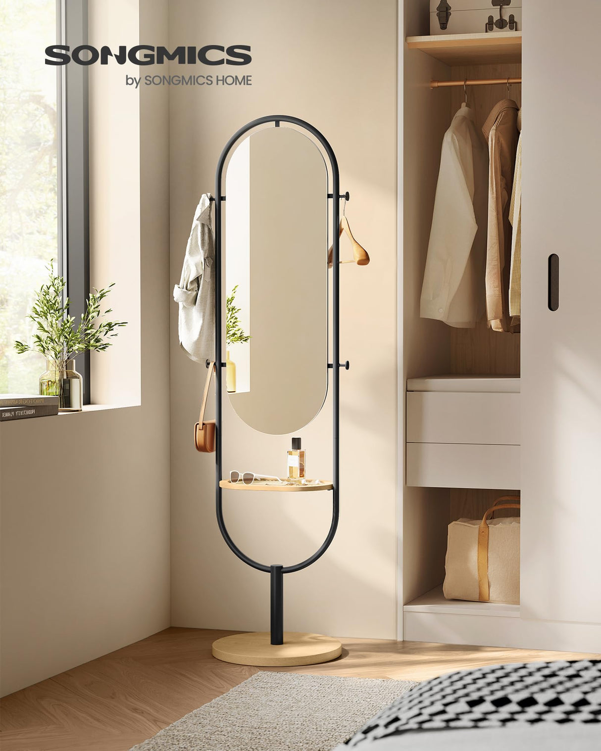 SONGMICS Full-Length Floor Mirror, 3-in-1, Modern Standing Full Body Mirror, Inspired by Original Award-Winning Design, 16.5 x 18.9 x 68.9 Inches, Living Room, Bedroom, Oak Beige and Ink Black SONGMICS