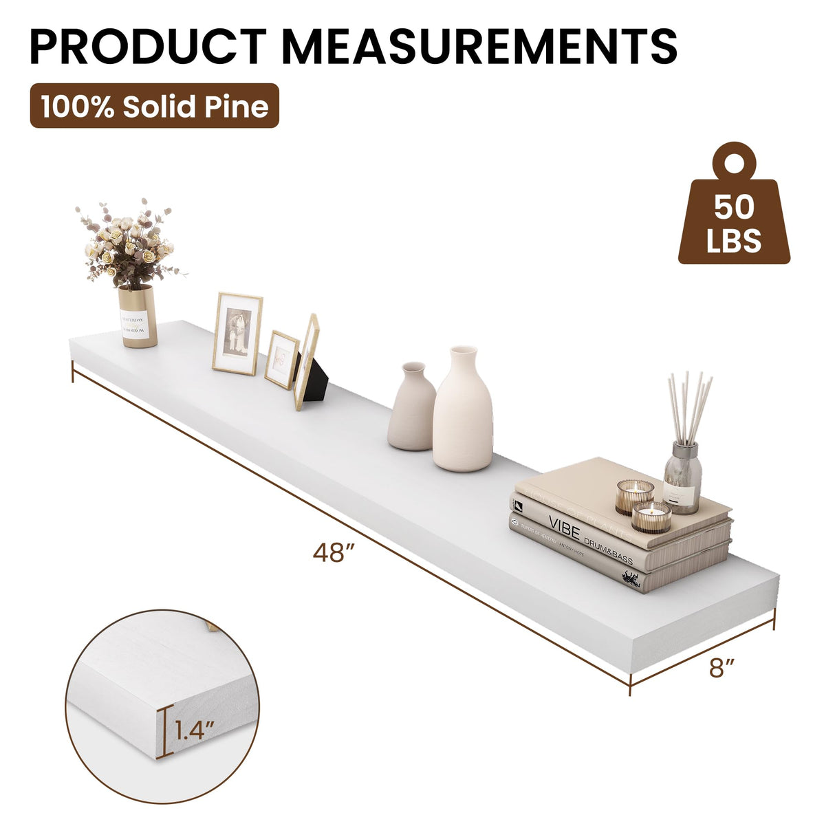 Heimlove Wood Floating Shelves for Wall,Fireplace Mantel Shelves,Rustic Farmhouse Floating Shelves 48 inch,Solid Pine Wood Wall Shelf for Bathroom,Bedroom,Living Room,Kitchen,Office Decor-White Heimlove