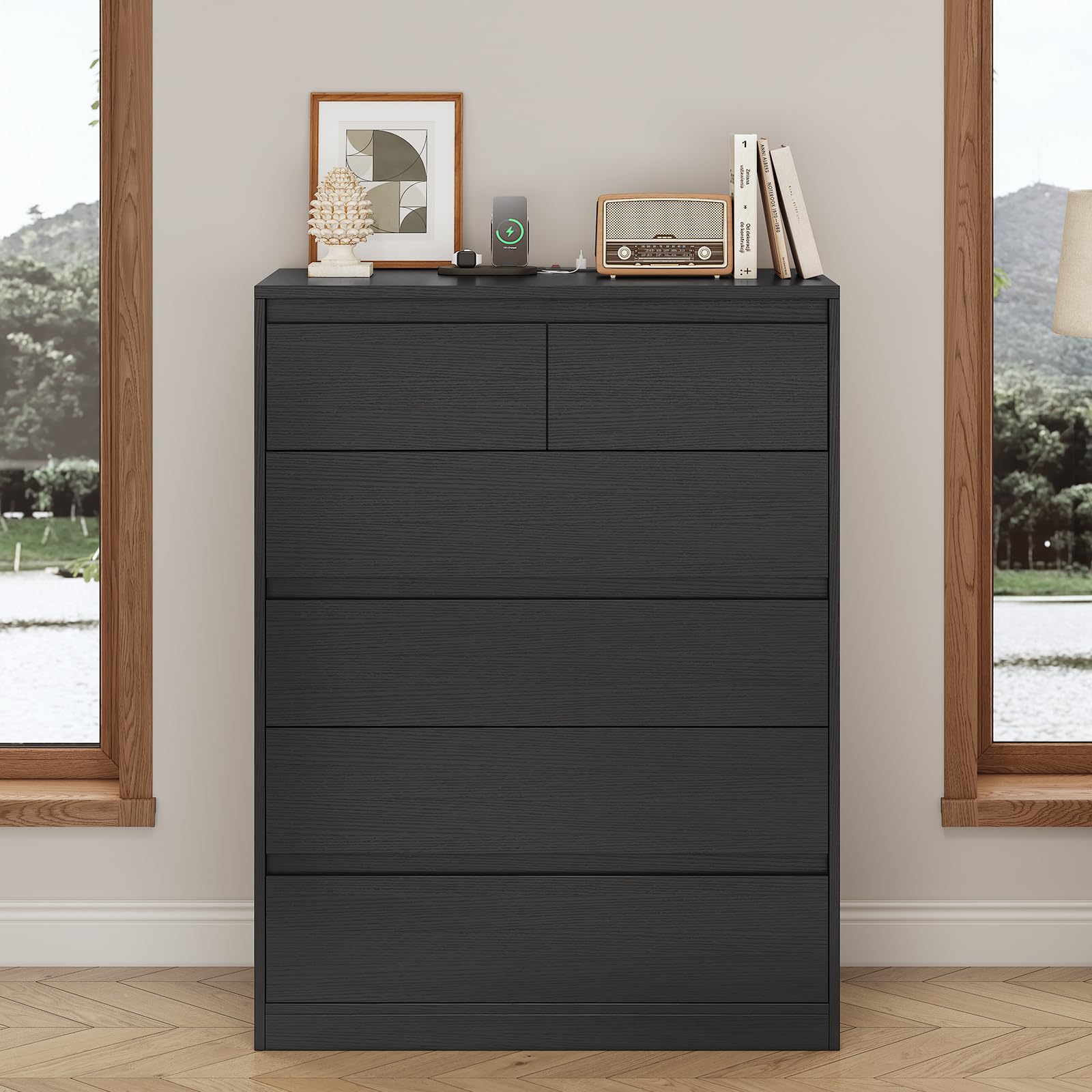 AOGLLATI Black Dresser for Bedroom, Modern Tall Dresser with 6 Drawers, Dressers & Chest of Drawers with Charging Station Handle Free,Wooden 6 Drawer Dresser for Bedroom Living Room,Black - WoodArtSupply