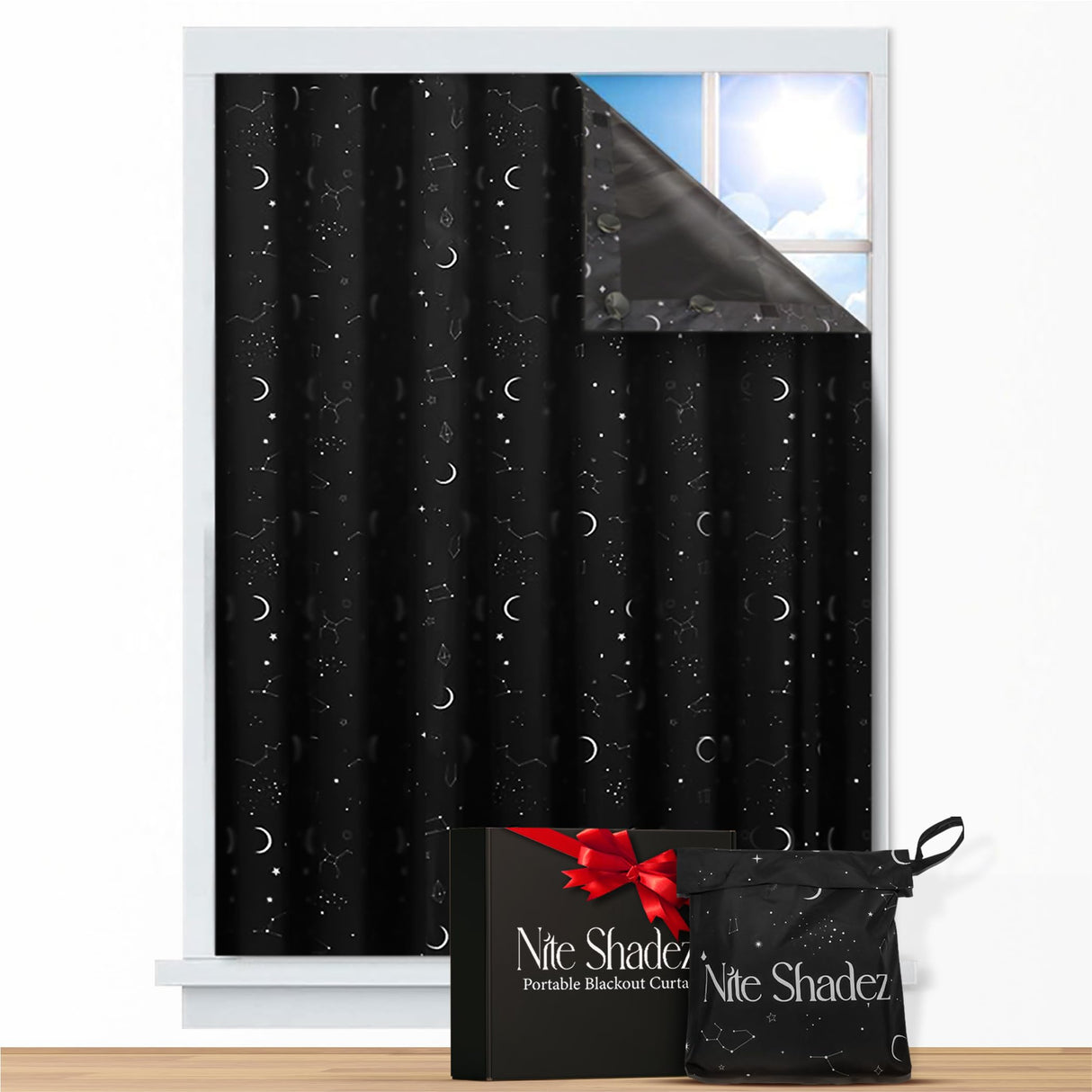 Portable Blackout Curtains (60" x 80") - Travel Blackout Curtains for Baby Nursery w/Stars - Portable Blackout Shades w/UV & Thermal Protection - 20 Stick on Suctions & Velcro Blackout Window Cover Nite Shadez